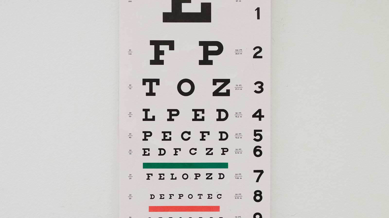 Eye chart with rows of black letters on a white wall